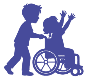 Young boy pushing a child in wheelchair raising her arms for a hug.